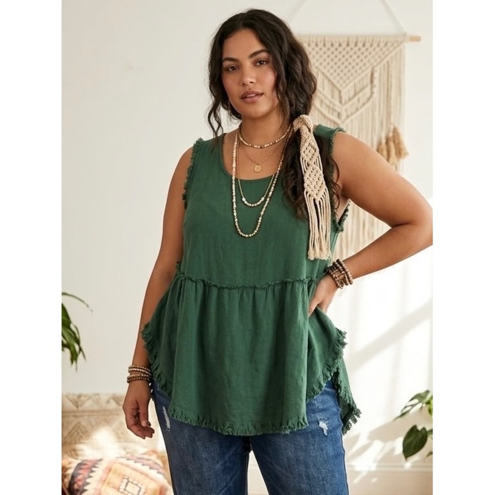Umgee Forest Green Linen Blend Frayed Hem Tiered Babydoll Tank Top XL